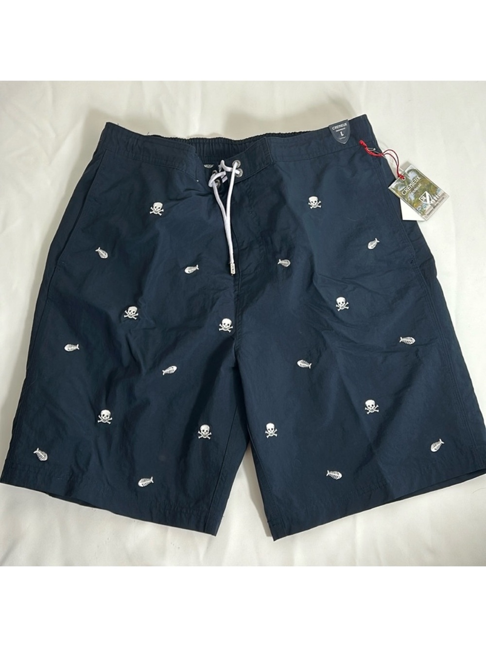 Cremieux Men’s Size Large Navy Blue White Skulls Fish Baggies Swim Shorts